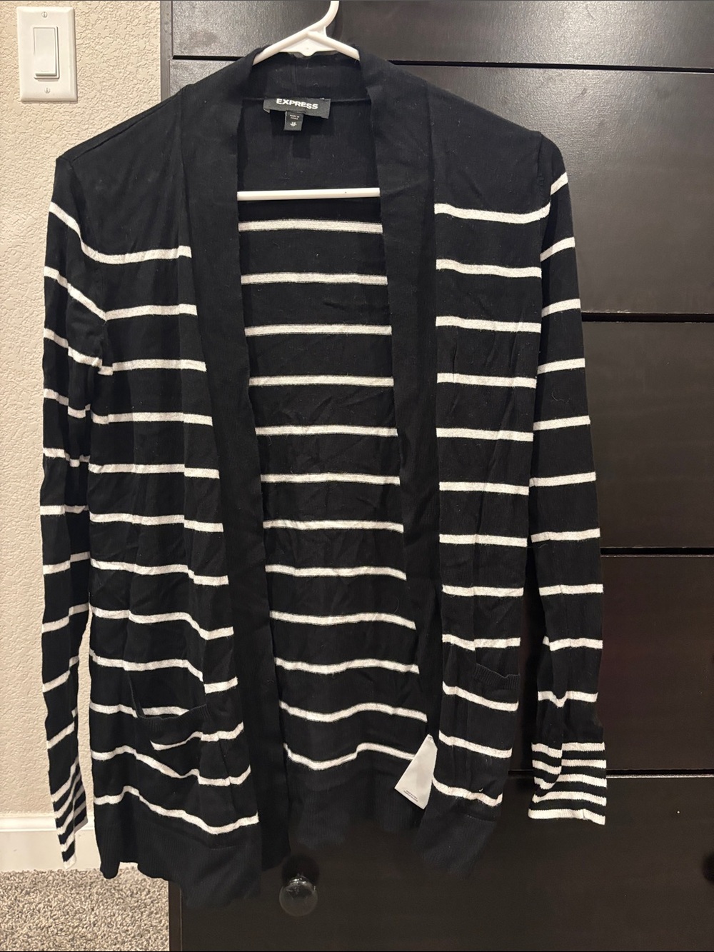Express Black and White Striped Open Cardigan
